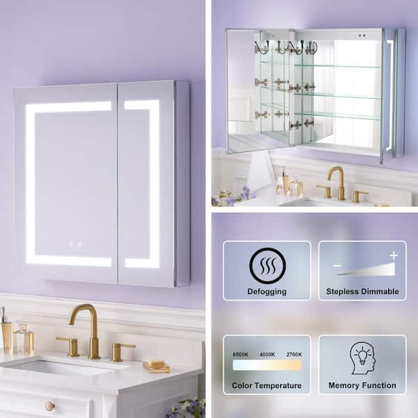 30 in. W x 30 in. H Rectangular Aluminum Recessed or Surface Mount Medicine Cabinet with Mirror and Lighted,Double Doors