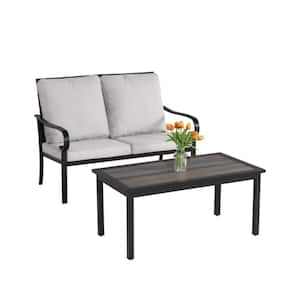 2-Piece Outdoor Black Metal Frame Patio Conversation Loveseat Sofa Set with Gray Cushions and Coffee Table