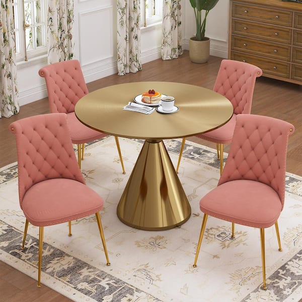 Boyel Living 5-Piece Round Gold MDF Top Table Set Seats 4 (4-Pink Dining Chairs)
