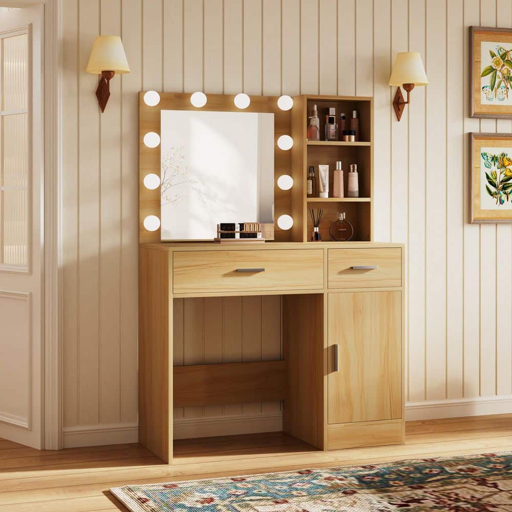 brown wooden dressing table JEAREY Natural 35.43 in.W Makeup Vanity Desk Wood Dressing Table with Mirrors, Drawers, Cabinets, Shelves, 3-Color LED Lighted