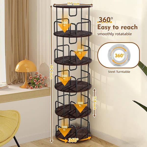 Emmett 62.2 in. Wide Walnut Brown Wood 5 Tier Revolving 360 Bookcase, Tall Bookcase