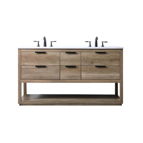 60 in. W x 22 in. D x 34 in. H Bath Vanity in Natural Oak with White Engineered Marble Top