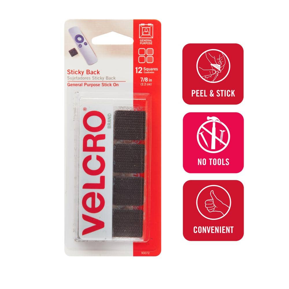 Velcro® Brand 7/8 x 7/8 Sticky Back Hook & Loop Fastener Mounting Squares,  Black, 12/Pack (90072)