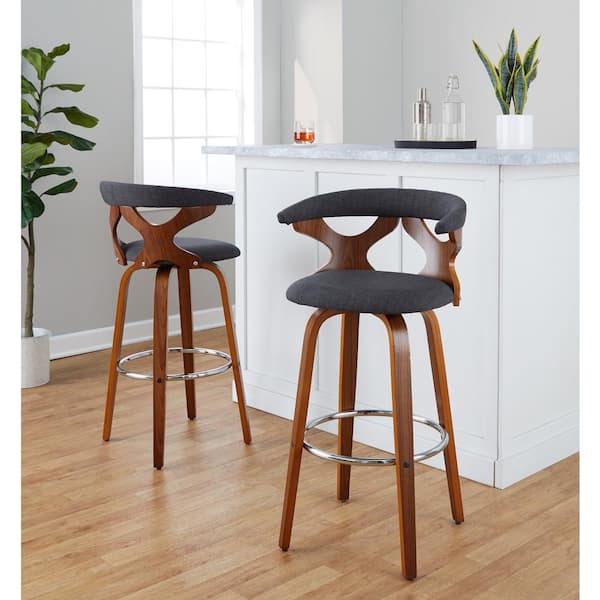 Lumisource Gardenia 29.25 in. Charcoal Fabric, Walnut Wood, and Chrome Metal Fixed-Height Bar Stool (Set of 2)