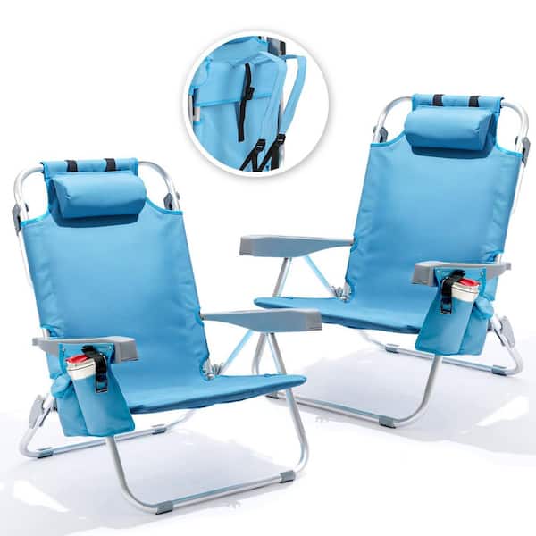 Sky Blue Aluminum Folding Adjustable Headrest Medium Beach Chair with (2-Pack)