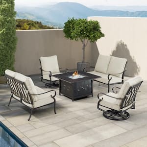 Black Aluminum Fire Table Set with 2-Loveseats and 2-Club Chairs