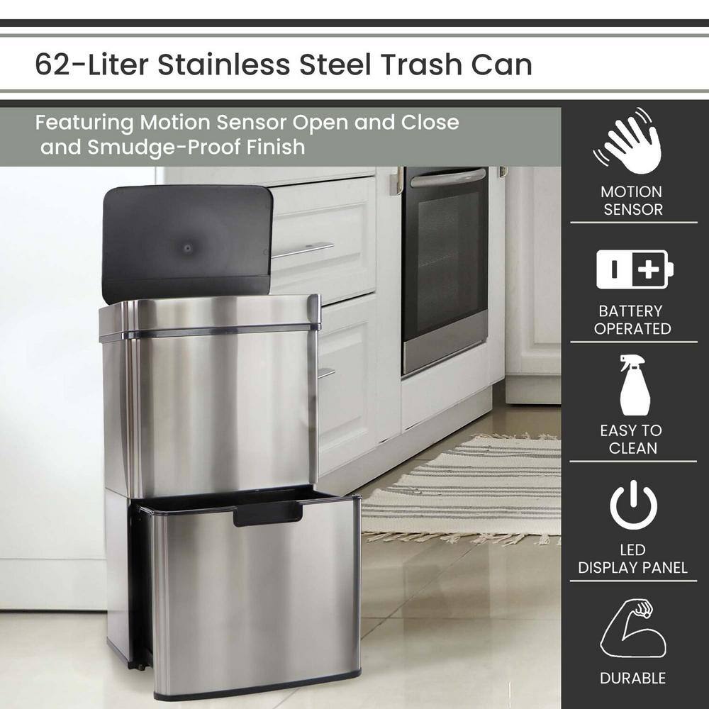 62L Stainless Steel Touchless Dual Bin Kitchen Trash Can