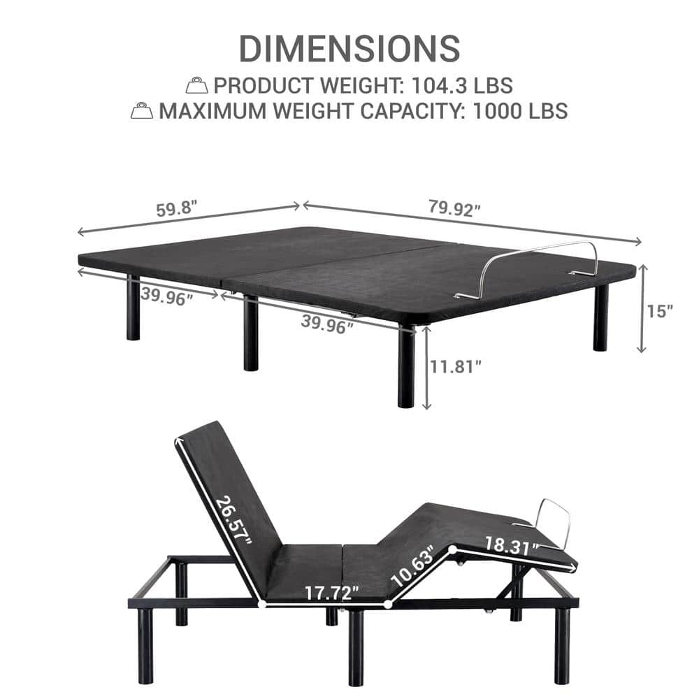 15" Black Metal Queen Adjustable Bed Frame with Wireless Remote
