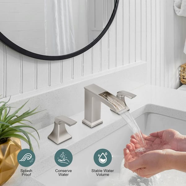 8 in. Waterfall Widespread 2-Handle Bathroom Faucet With Pop-up Drain Assembly in Brushed Nickel