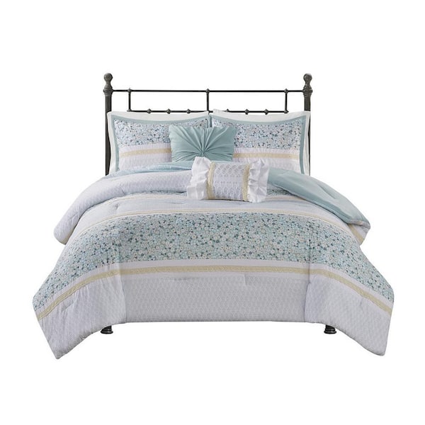 CITRUTAR CHEEP LLC Aqua Polyester Seersucker King Comforter Set with Throw Pillows (5-Piece)