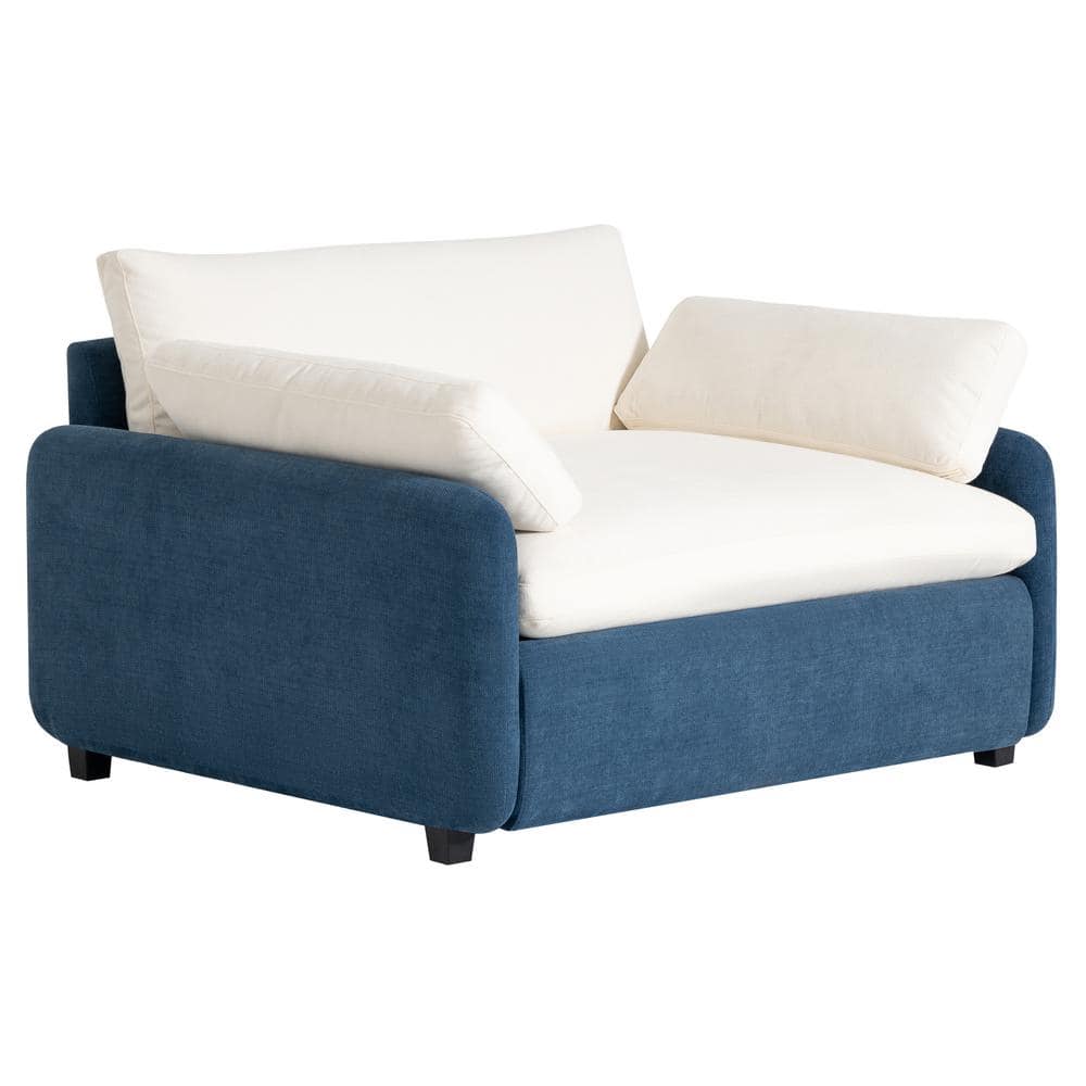 Oversized Blue and Cream Chenille Accent Armchair with Wood Frame