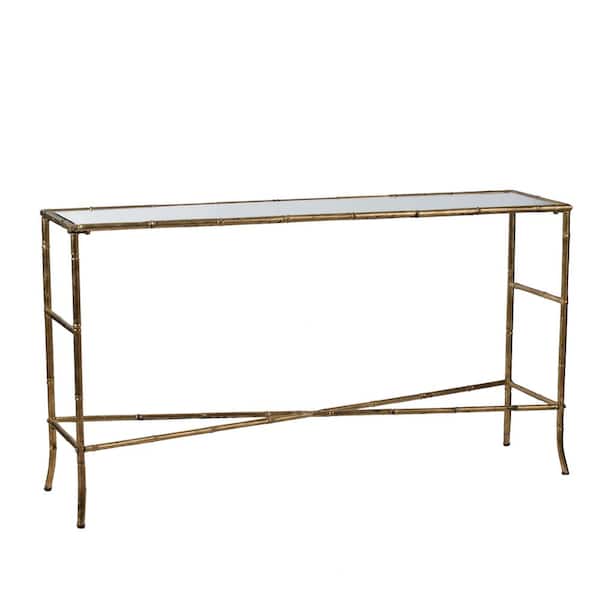 A & B Home 57 in. Antique Gold Standard Rectangle Glass Console Table