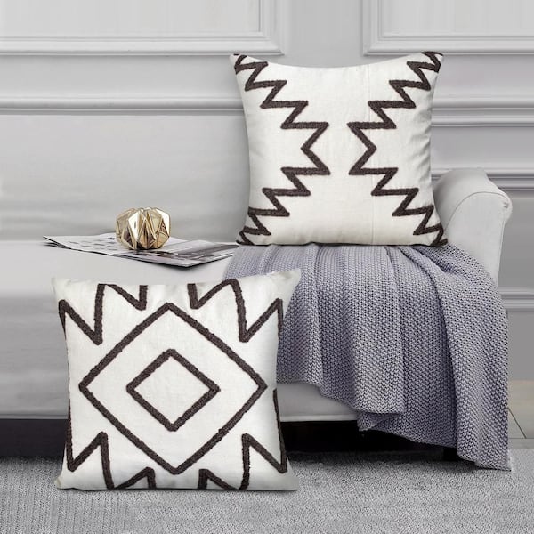 THE URBAN PORT White and Gray 17 in. x 17 in. Square Cotton Modern Geometric Aztec Design Embroidery Accent Throw Pillow (Set of 2)