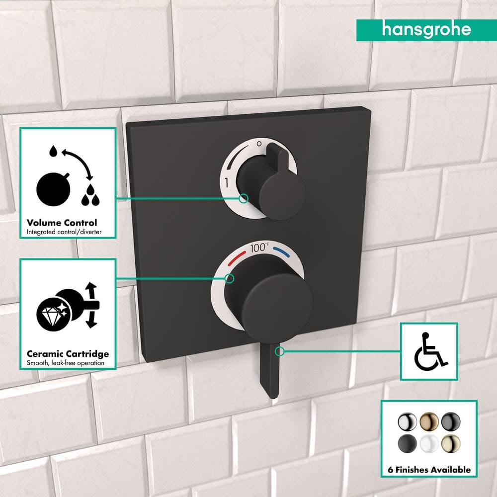 Matte Black Square Thermostatic Shower Valve Trim with Lever