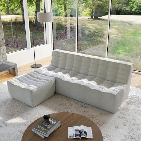 82.6 in. Armless Gray Linen Lazy Floor Curved Sectional Living Room Relax Set Couches for Apartment(3-Seater + Ottoman)