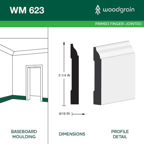 623 9/16 in. x 3 1/4 in. x 96 in. Primed Finger Jointed Baseboard Moulding (1-Piece − 8 Total Linear Feet)