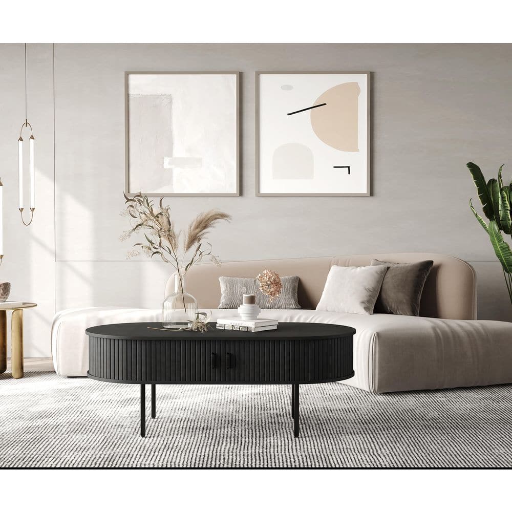 Retro Charcoal Black Oak Oval Coffee Table with Storage