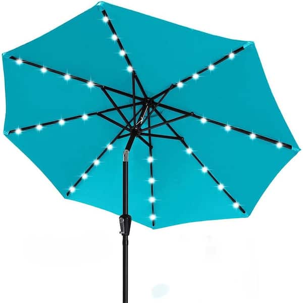 Dyiom 9 ft. Turquoise Durable Solar Led Patio Umbrellas with 32 in. LED Lights, Beach Word Umbrella