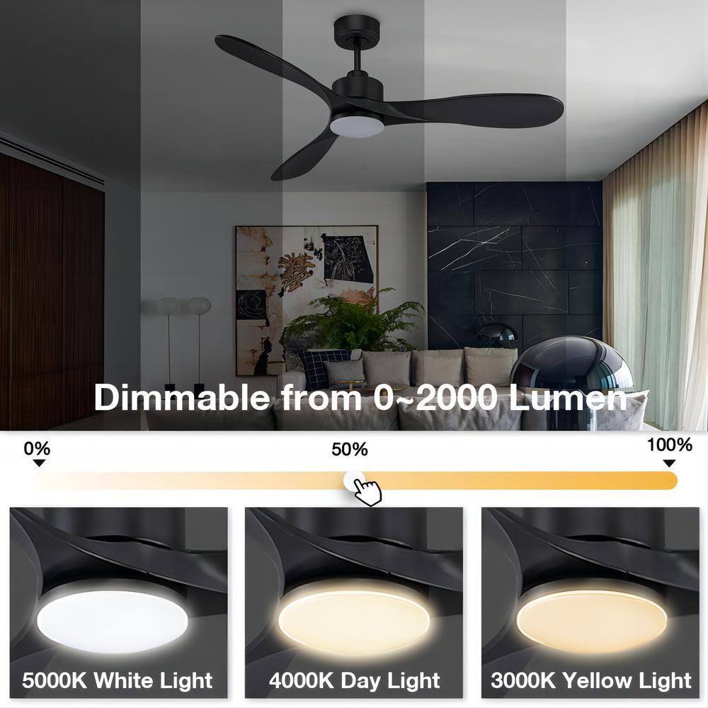 52" Black Modern Ceiling Fan with LED Light and Remote Control