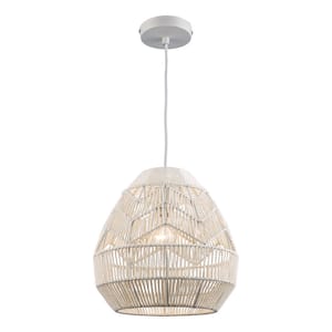 1-Light White Rope Basket Pendant Light Fixture with Woven Shade