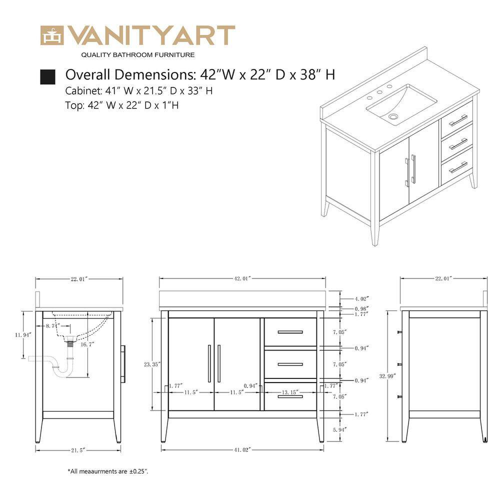 42'' White MDF Freestanding Single Bathroom Vanity with Engineered Marble Top