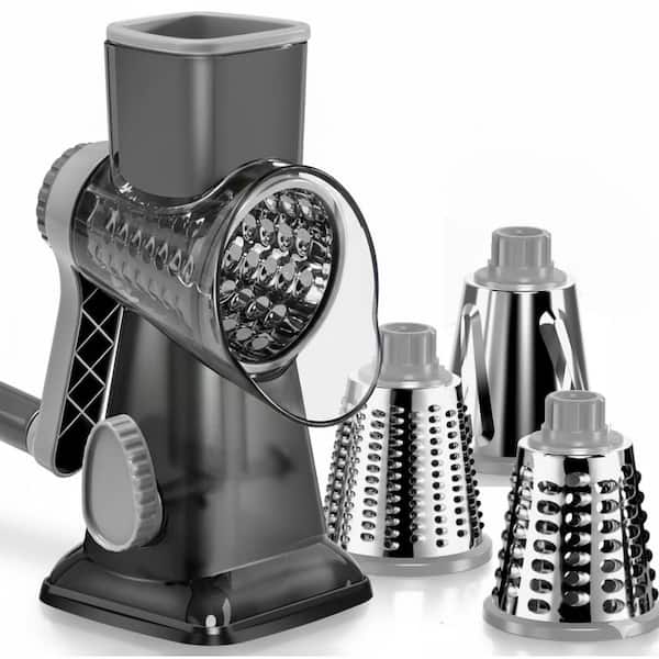 Dark Gray Rotary Cheese Grater with Hand Crank, 3 Stainless Steel Blades, Stable Suction, Safe Kitchen Tool
