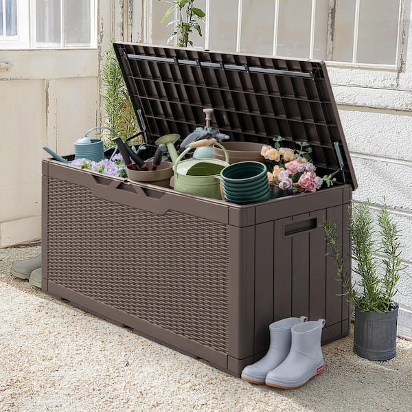 Rubbermaid Patio Chic Resin Weather Resistant Outdoor Storage Deck Box, 123  Gal., Black Oak Rattan Wicker Basket Weave, for Garden/Backyard/Home/Pool