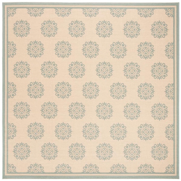 SAFAVIEH Beach House Cream/Aqua 4 ft. x 4 ft. Border Geometric Floral Indoor/Outdoor Patio  Square Area Rug