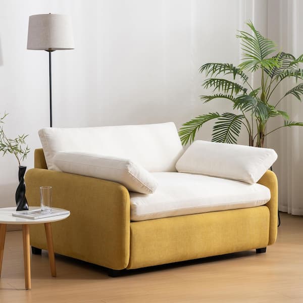 Yellow and Cream Modern Upholstered Comfy Arm Chair with Pillows for Living Room, Apartment, Bedroom