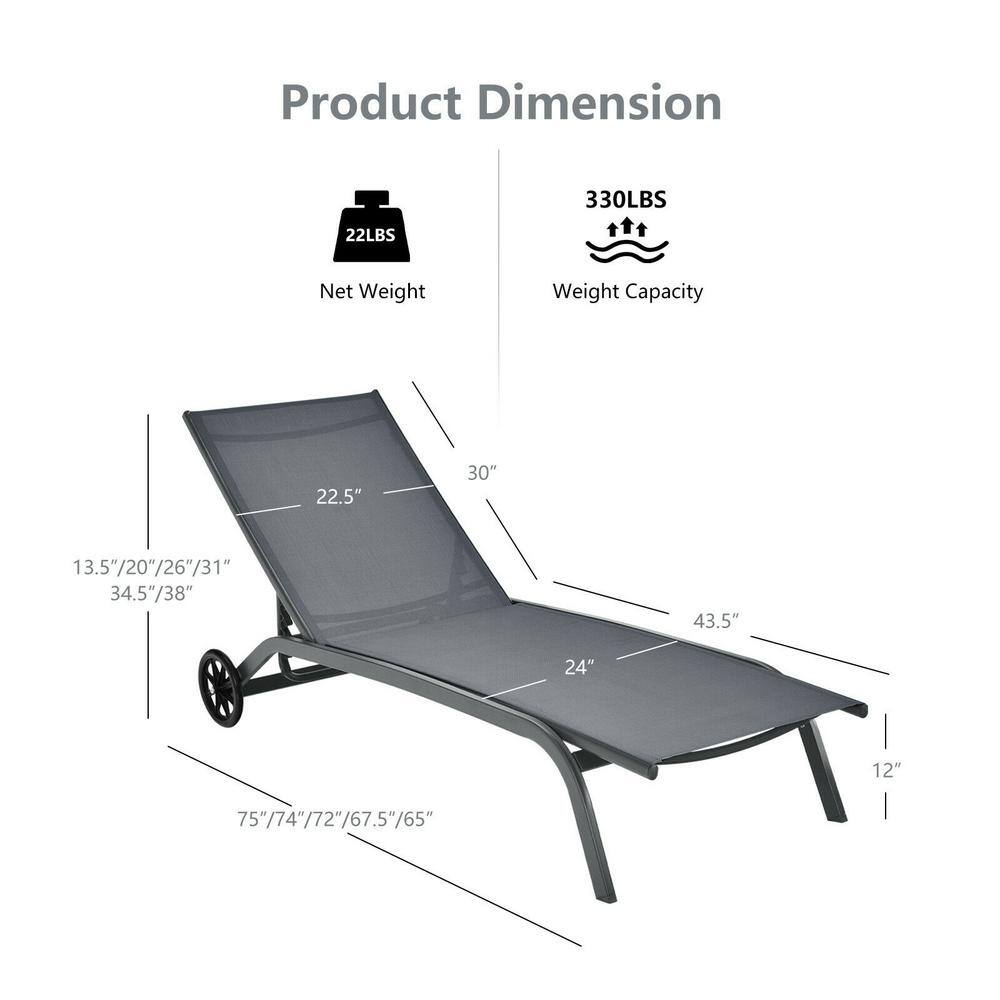 Gray Steel Adjustable Outdoor Chaise Lounge with Wheels