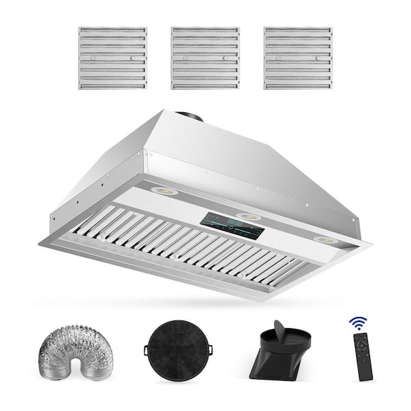 Tylza 30" 900 CFM Convertible Ductless to Ducted Insert Range Hood in Stainless Steel with Charcoal Filter and Exhaust Pipe