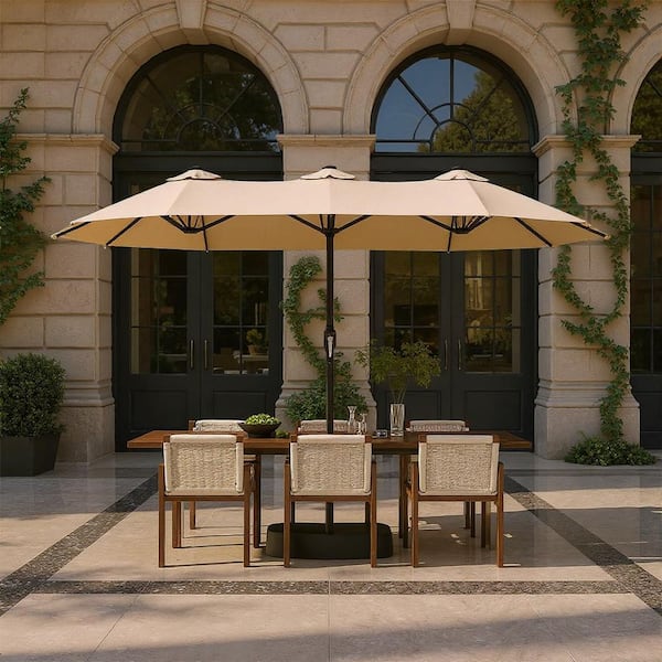 commercial patio umbrellas crank INMITOM 13 ft. Double-Sided Market Patio Umbrella with Crank Handle, 180G  Polyester Canopy in Beige（Without Base ） HD1-A-E17A-BGE