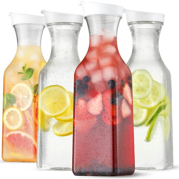 50 oz. 4-Pack Plastic Water Carafe with Flip Top Lid, Square Base Juice Container, Clear Plastic Pitcher, Hand Wash Only