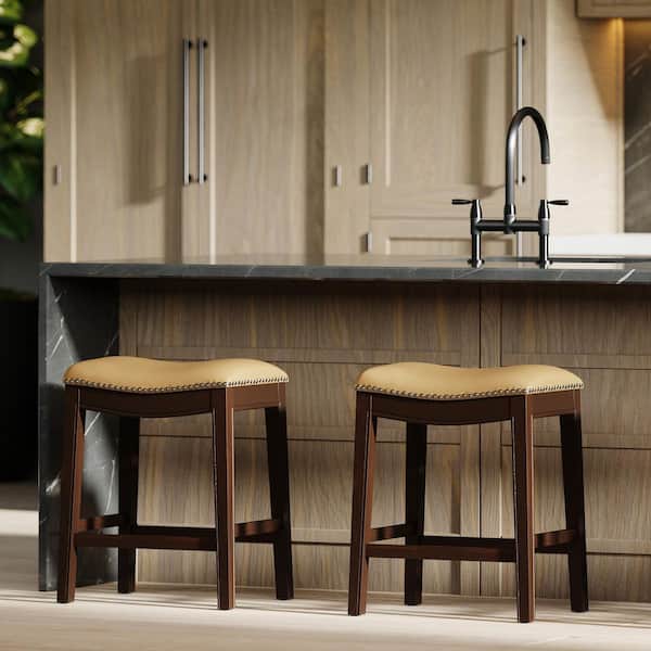 Elmorae Modern 26 in. H Brown Backless Solid Wood Counter Height Bar Stool with Tan Faux Leather Seat (1-Pack)