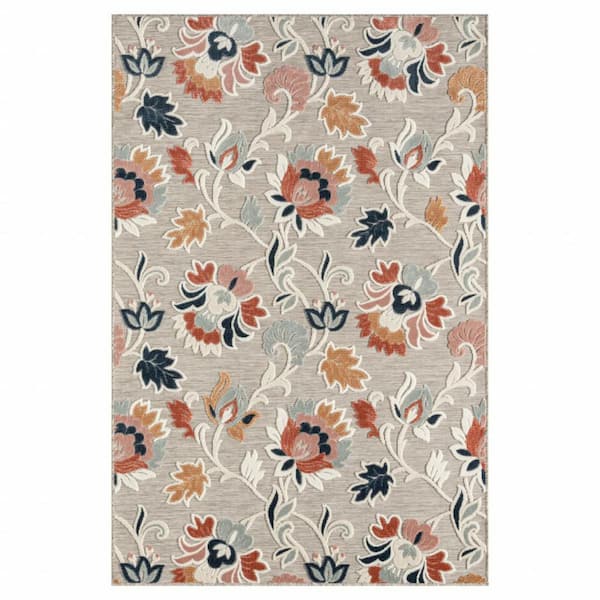 5' X 7' Blue And Gray Floral Stain Resistant Indoor Outdoor Area Rug