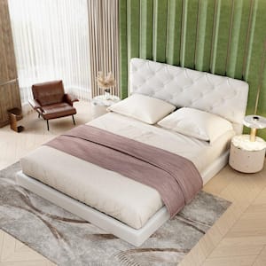 Button-Tufted White Wood Frame Queen Size PU Leather Upholstered Platform Bed with Support Legs