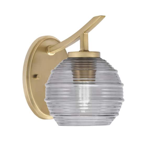 Unbranded Siena 1-Light New Age Brass Uplight Wall Sconce with Smoke Ribbed Glass Shades