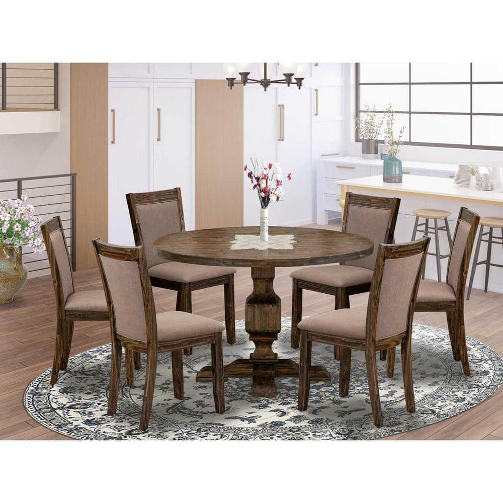 Distressed Jacobean Finish Round Wood Dining Table with 6 Linen Chairs