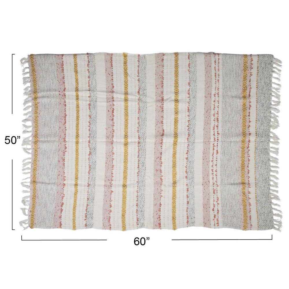 Multicolor Woven Cotton Striped and Embroidered Throw Blanket with Fringe