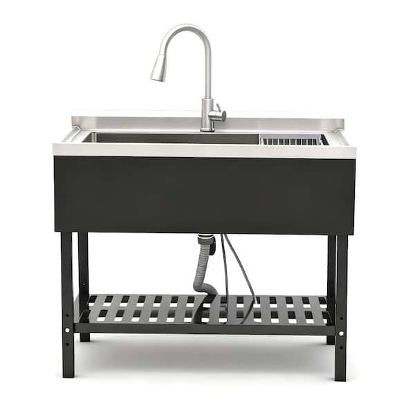 40 in. Freestanding 1-Compartment Commercial Kitchen Sink in Stainless Steel with Faucet