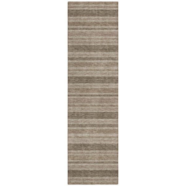 Taupe 2 ft. x 8 ft. Woven Striped Polyester Runner Indoor / Outdoor Area Rug