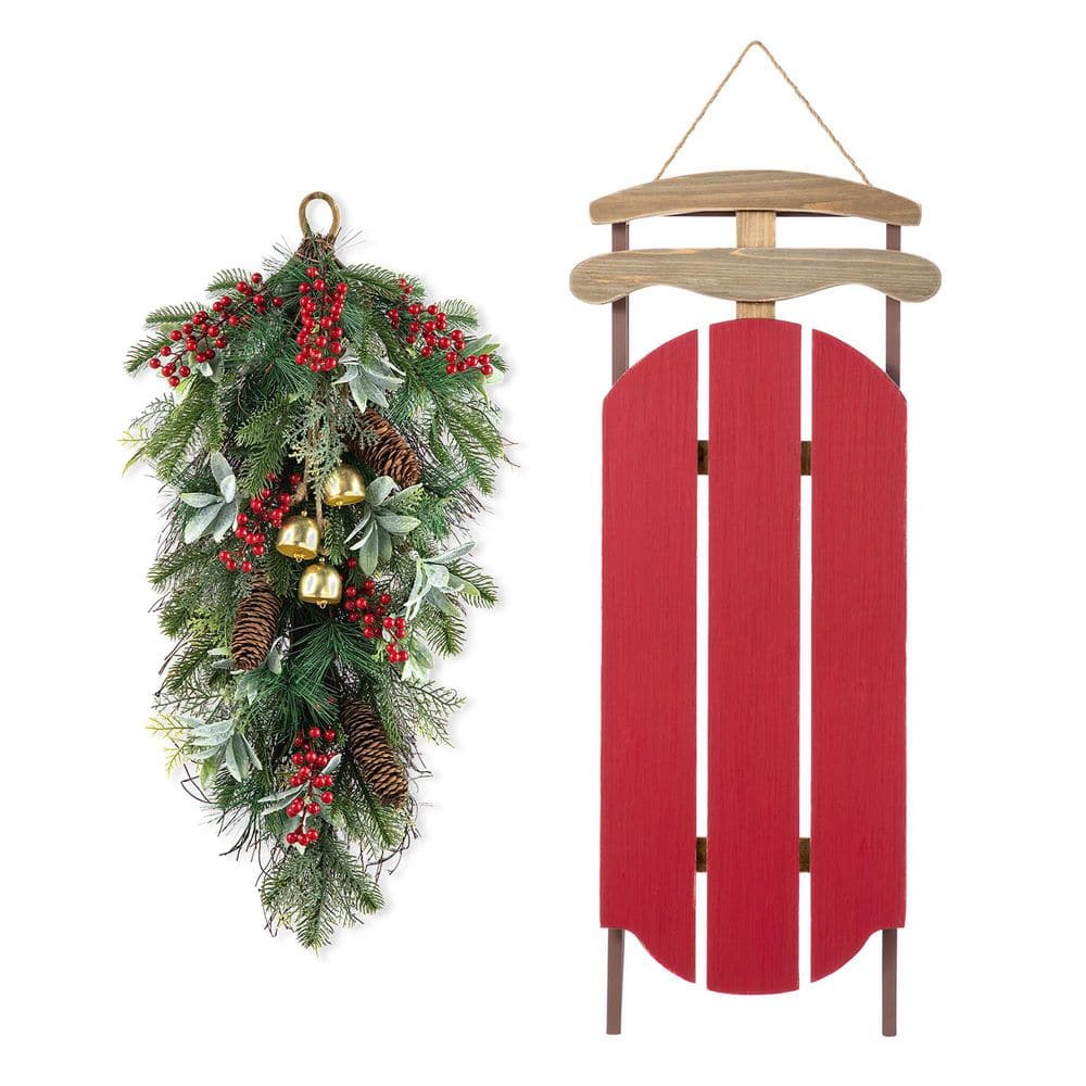 34.25 in. H Wooden Christmas Red Sleigh Porch Decor with 26 in. H Berry, Pinecone and Bell Teardrop price history on PriceWatchPro