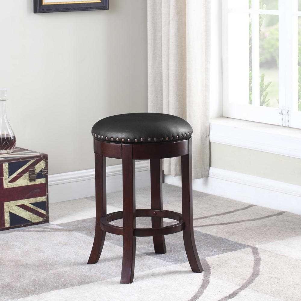 24" Brown Faux Leather Swivel Counter Stools with Wood Legs