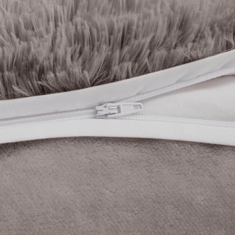 King Gray Shaggy Faux Fur Bedspread Cover Set