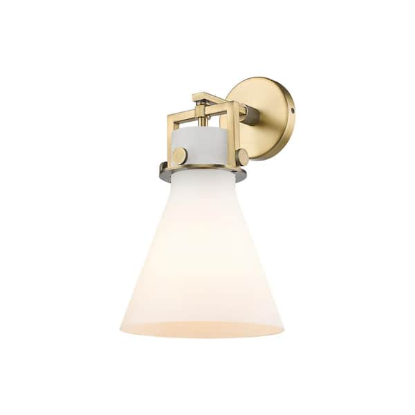 Newton Cone 1-Light Brushed Brass Wall Sconce with White Glass Shade