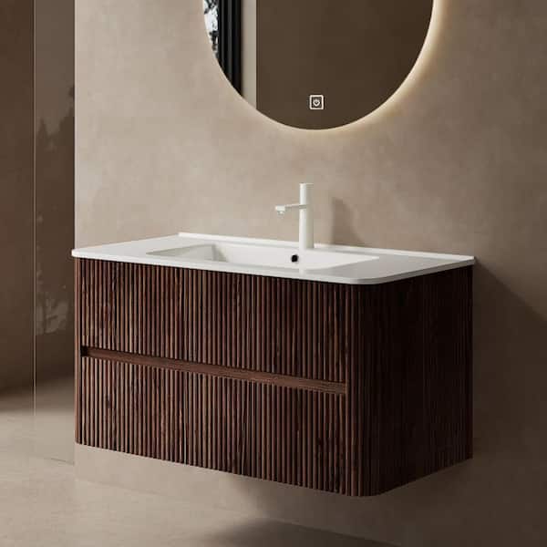 NOOR 36 in. W Single Sink Wall-Mounted Bath Vanity in Deep Walnut with White Ceramic Top