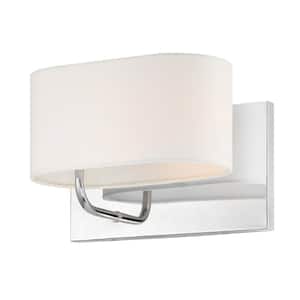 Midtown 10.75 in. 1-Light Polished Nickel Classic Wall Sconce with White Fabric Shade