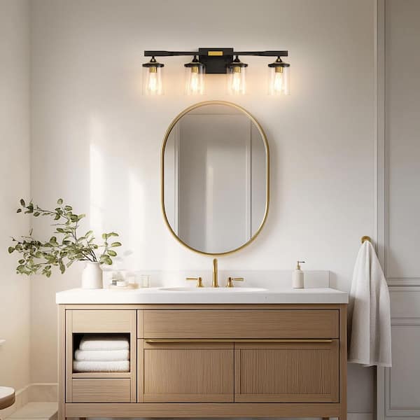 26.3 in.4 Light Black and Gold Vanity Light with Clear Glass Shade Industrial Bathroom Wall Light for Bathroom E26 Base
