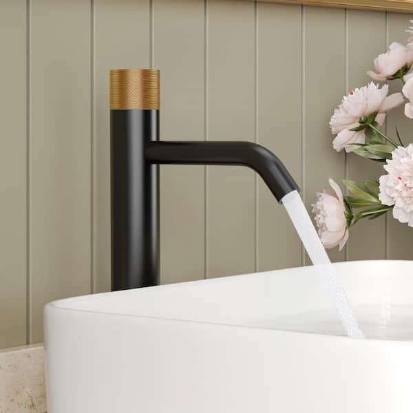 12 in. Height Mid-Arc Single Handle Single Hole Vessel Sink Faucet Spot Resist in Matte Black and Gold Drain Included