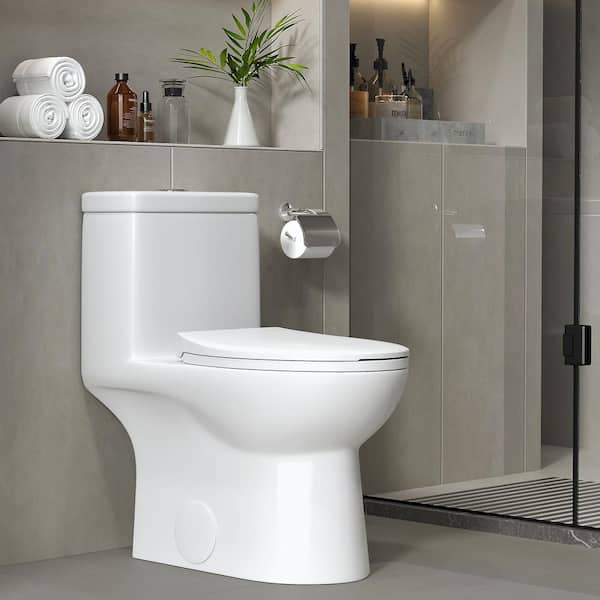 1-Piece 1.1/1.6 GPF Dual Flush Elongated High Efficiency WaterSense Toilet in White, Soft Closed Seat Included